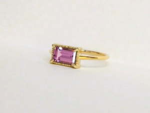スピネル　ピンクスピネル　ピンク　ミル打ち　リング　指輪　ゴールド　スリム　アンティーク　 レクタングル　スクエア　K18　